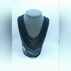 Glass Black Layered Sead Bead Necklace Vintage Brass Clasp 